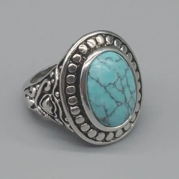 Southwest Style Ring Silver Tone Studded Blue Center Boho size 6.75 - Picture 1 of 8